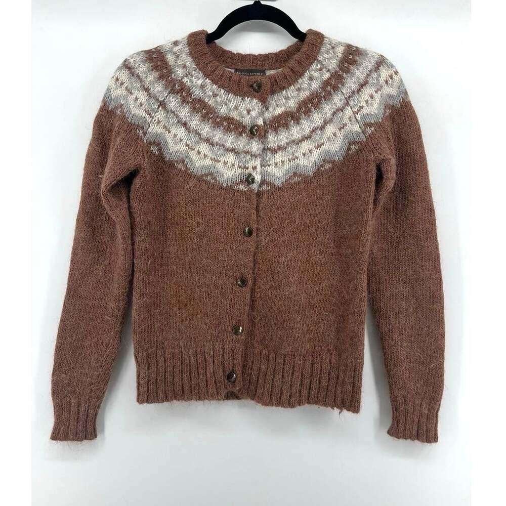 Banana Republic | Nordic Cardigan Button Front Tan Cream Fair Isle Women's M